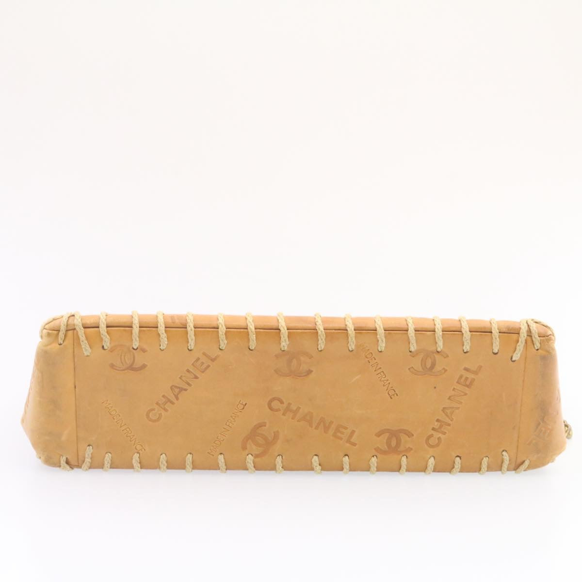 CHANEL Raffia Chain Flap Shoulder Bag Leather Beige CC Auth am1414gA