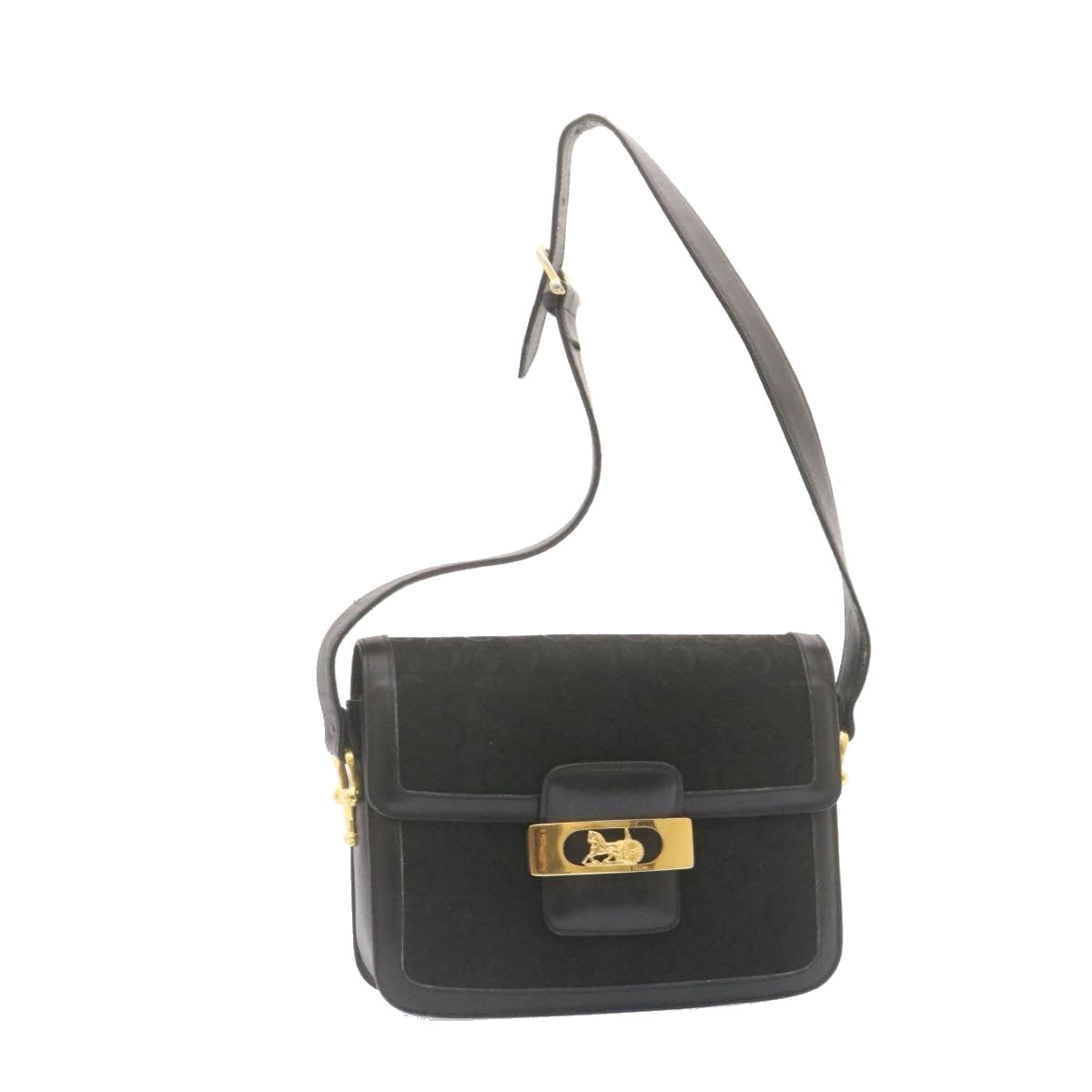 CELINE C Macadam Horse Carriage Shoulder Bag Canvas Black Gold Auth am1471g