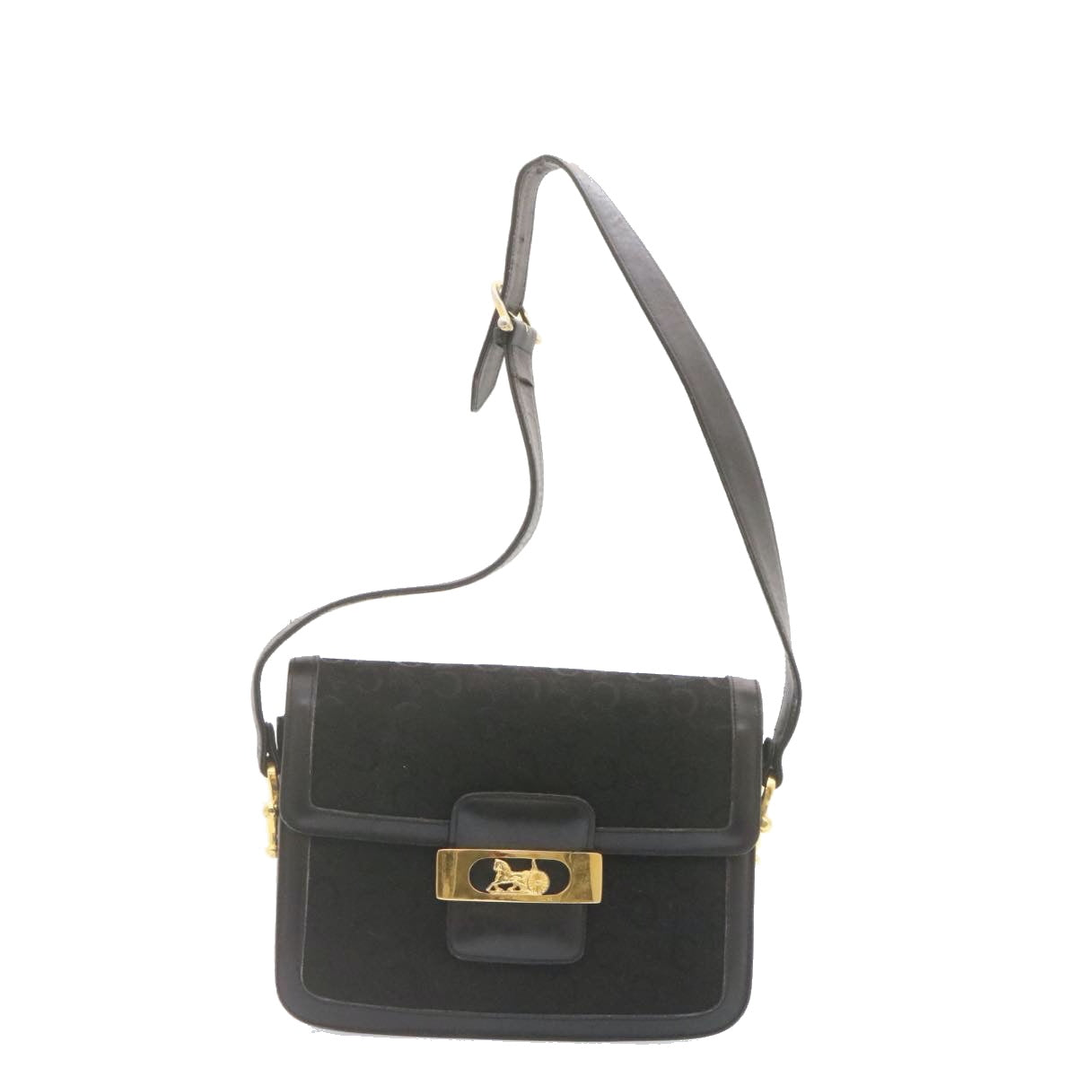 CELINE C Macadam Horse Carriage Shoulder Bag Canvas Black Gold Auth am1471g