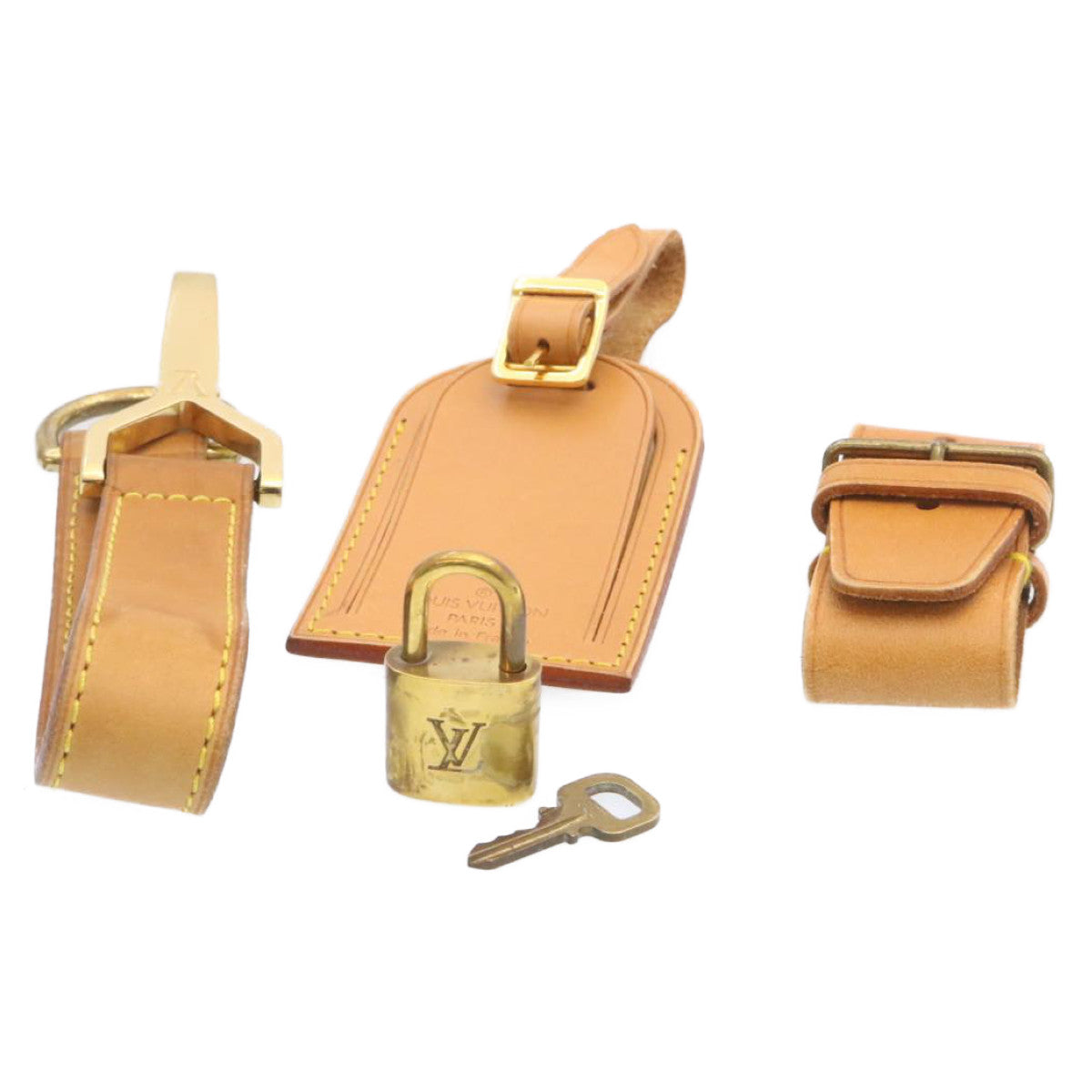 LOUIS VUITTON Leather Name Tag Handle Padlock Set Powanie Beige Gold Auth am1600g