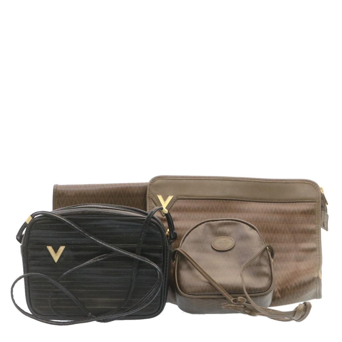 VALENTINO Clutch Shoulder Bag Leather Coated Canvas 4Set Brown Black am1935g