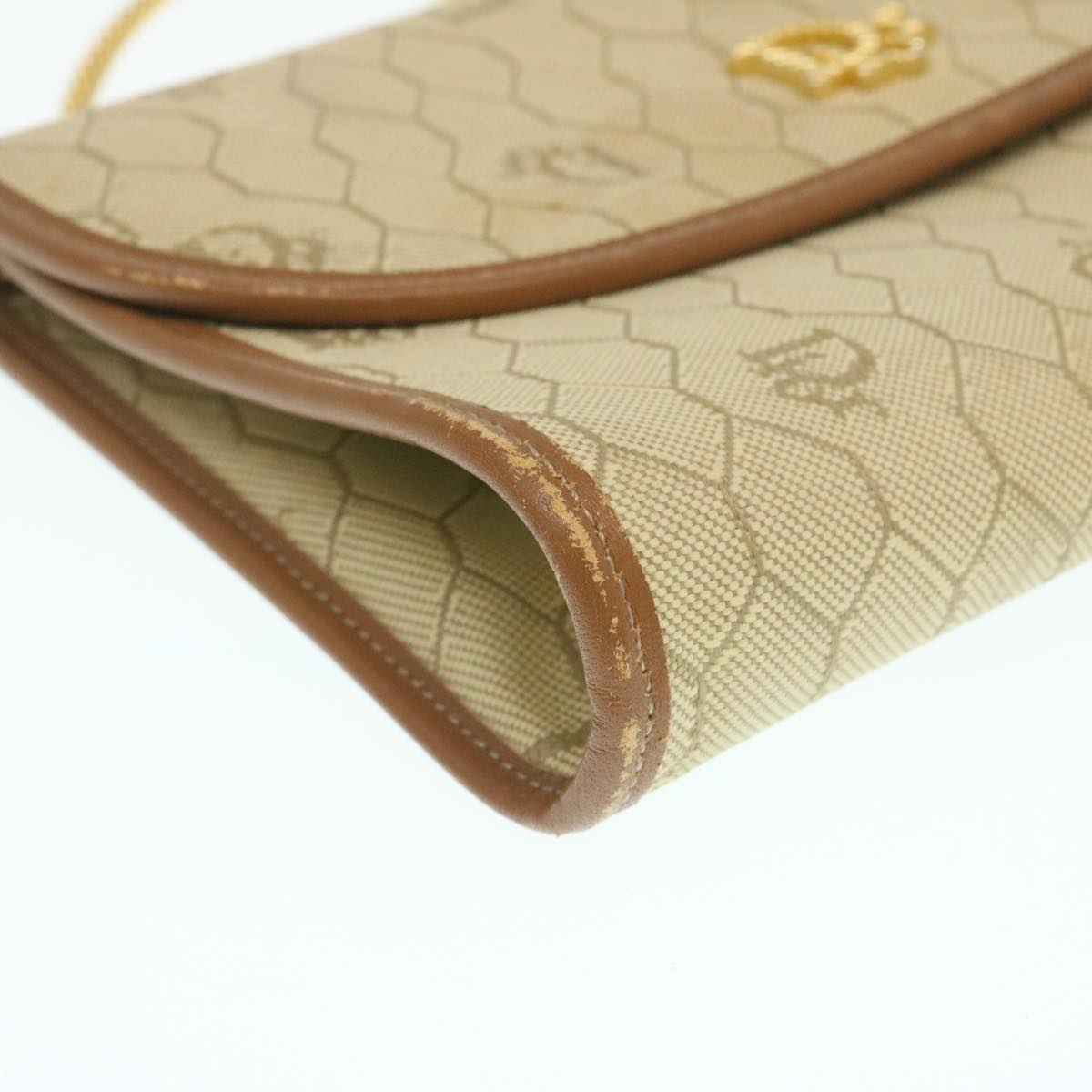 Christian Dior Honeycomb Chain Shoulder Bag Canvas Beige Auth am2250g