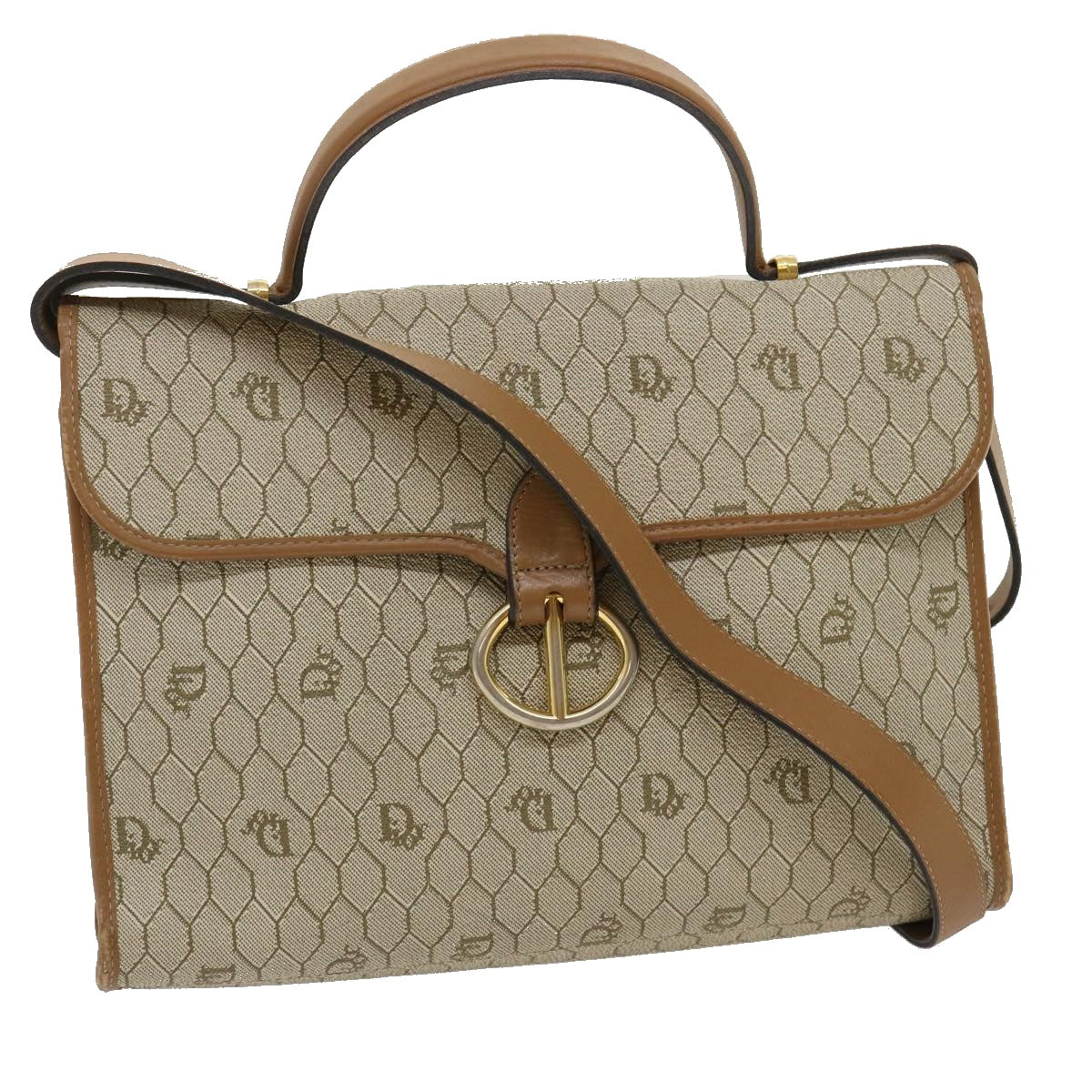Christian Dior Honeycomb Canvas Hand Bag PVC Leather 2way Beige Auth am2383g