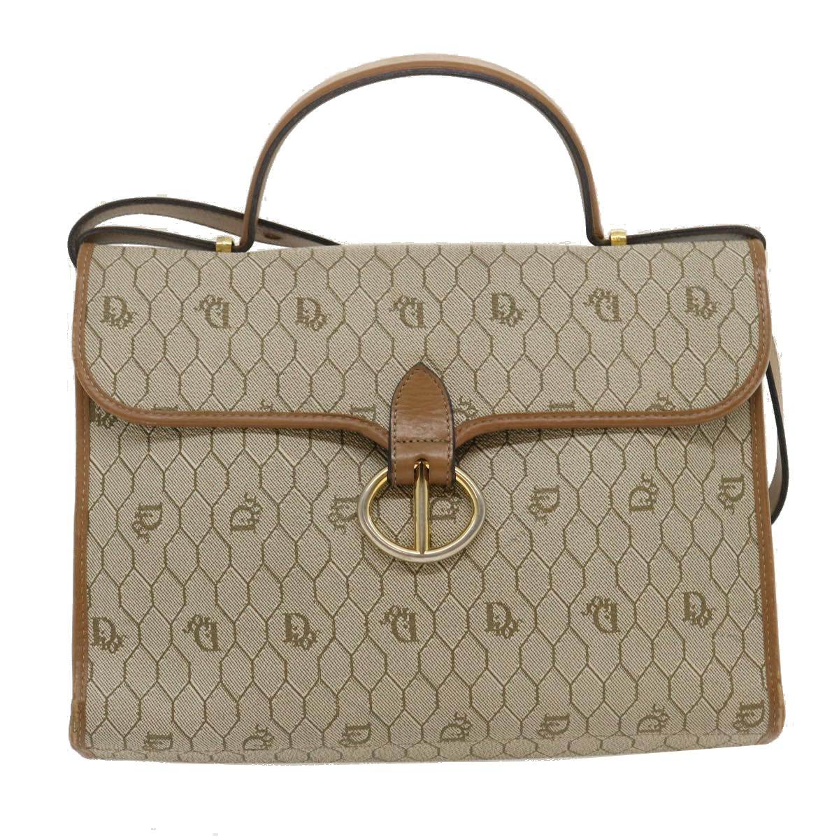 Christian Dior Honeycomb Canvas Hand Bag PVC Leather 2way Beige Auth am2383g