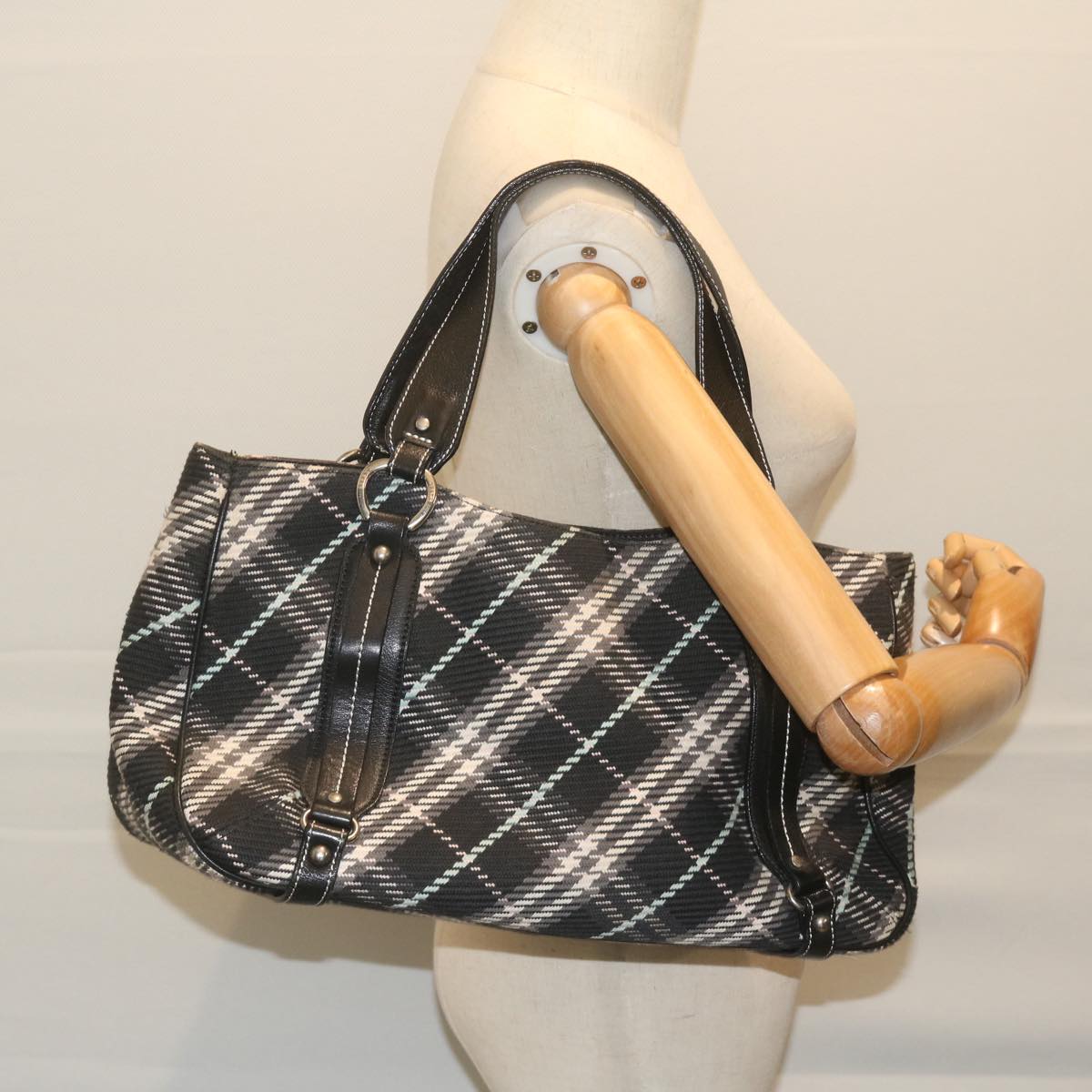 BURBERRY Nova Check Blue Label Tote Bag Canvas Black Auth hk1018