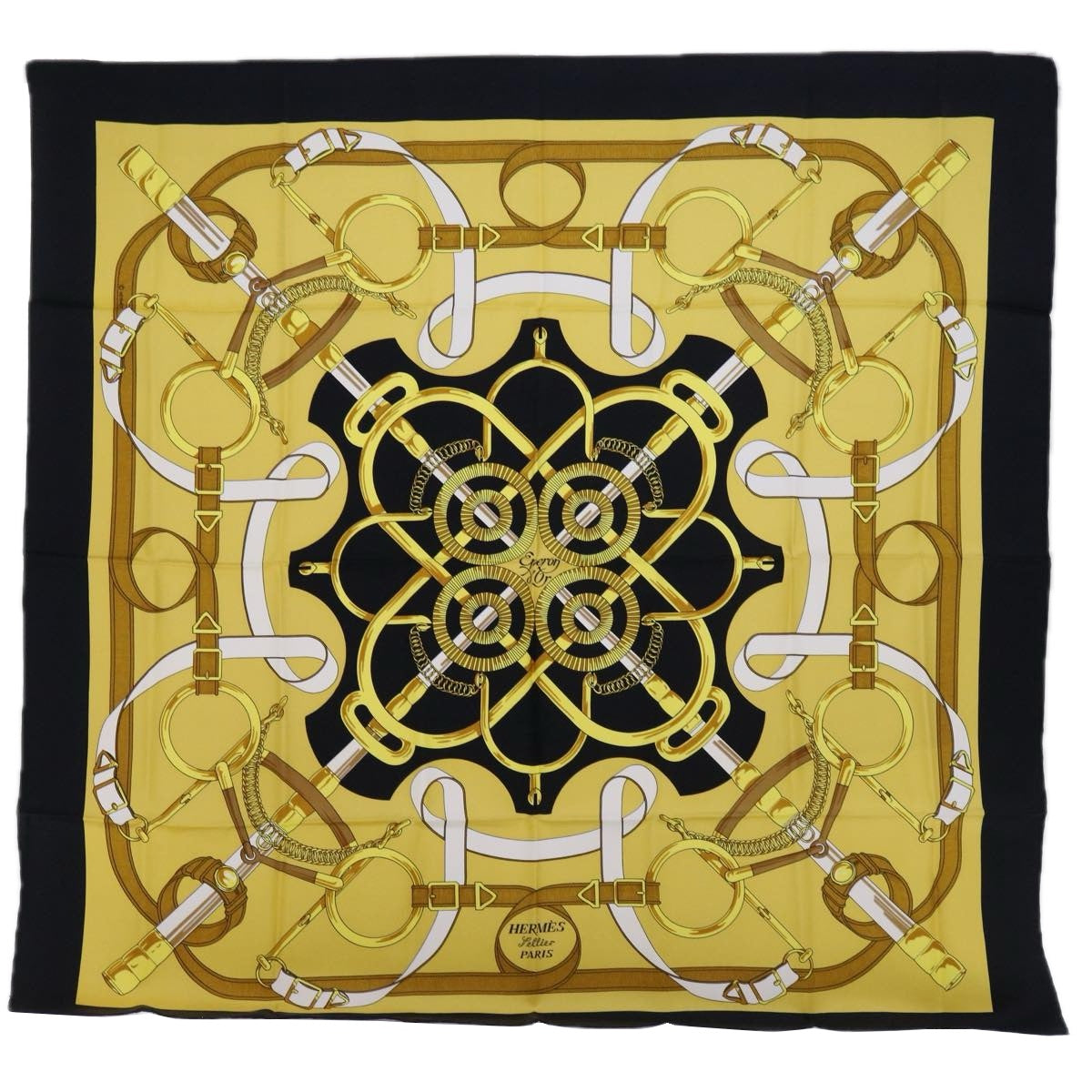 HERMES Carre 90 Eperon d'or Scarf Silk Gold Black Auth hk1056