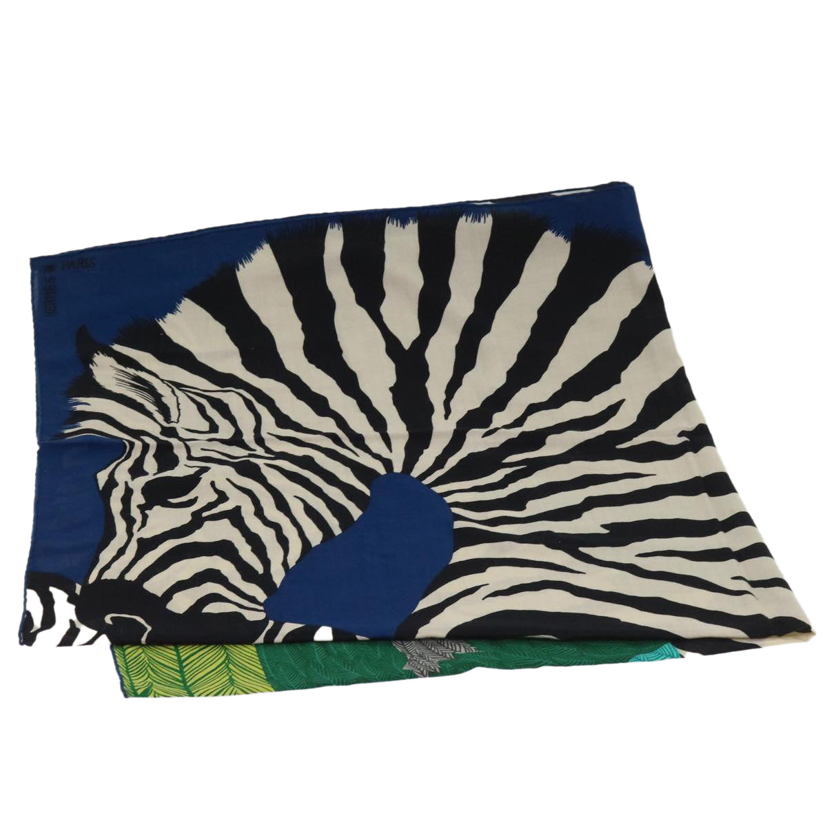 HERMES Zebra Pegasus Carre Geant Scarf Cashmere Blue Green Auth hk1057