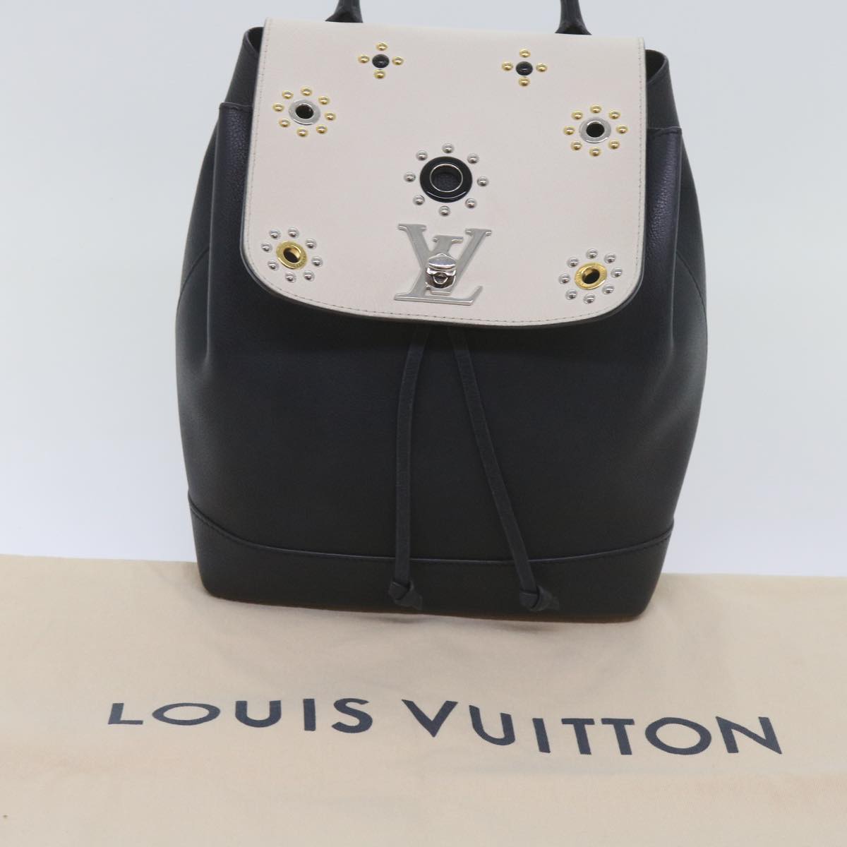 LOUIS VUITTON Lock Me Backpack Calf leather Black White M54108 LV Auth hk1059