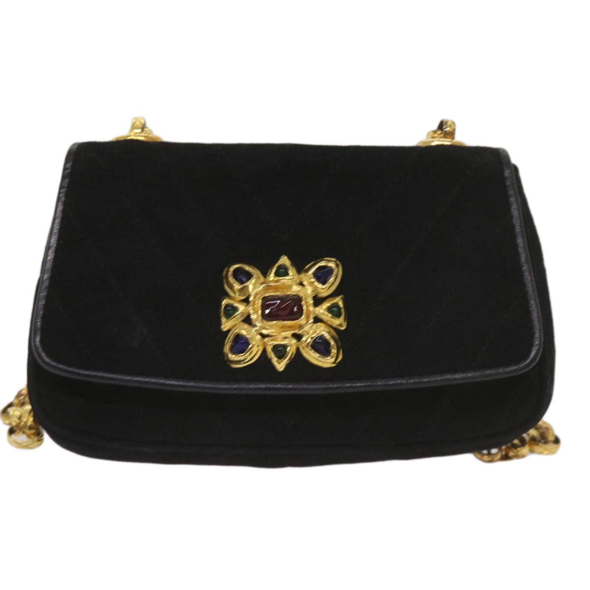 CHANEL Chain Gripoix Shoulder Bag Suede Black CC Auth hk1073