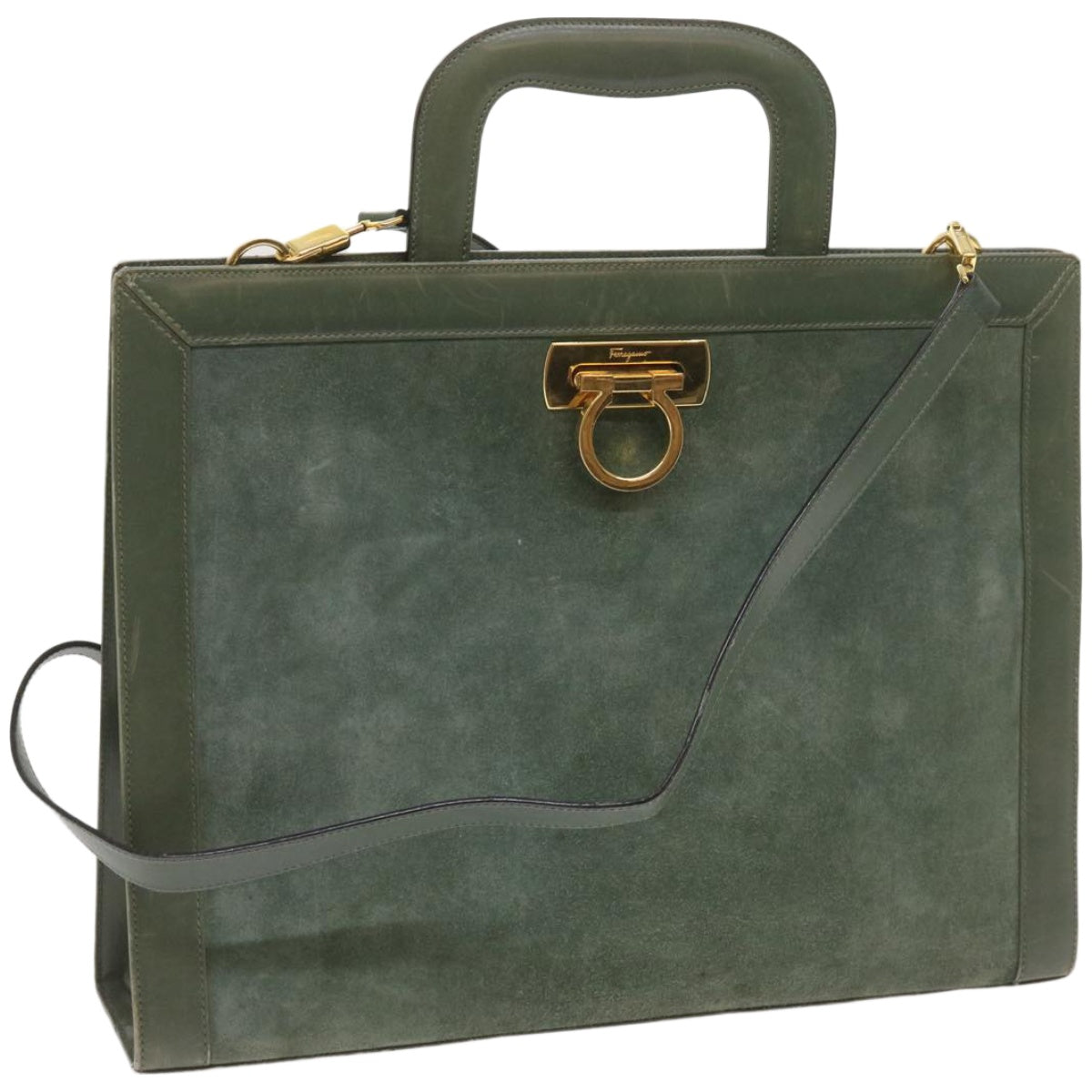 Salvatore Ferragamo Gancini Hand Bag Suede 2way Green Auth hk1084