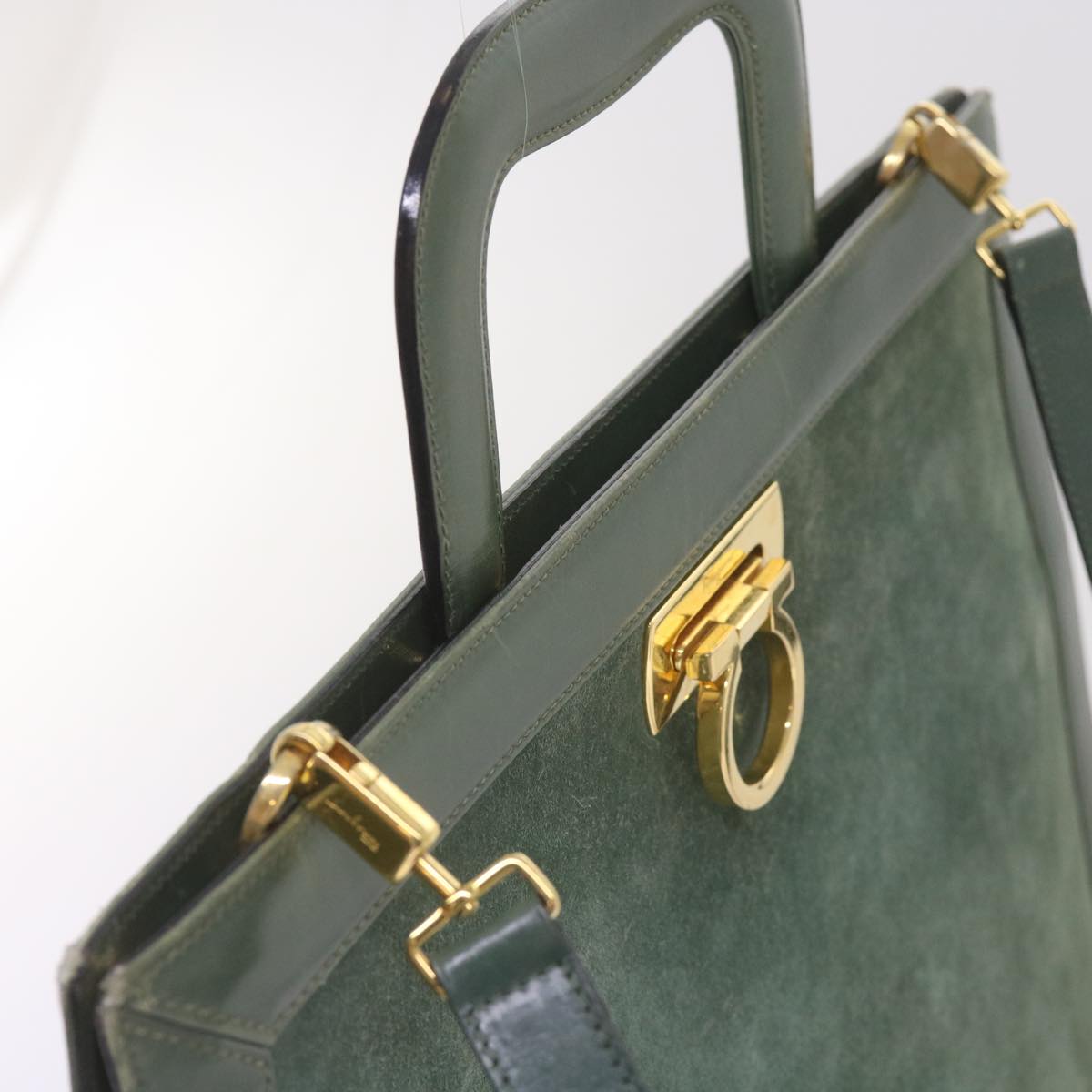 Salvatore Ferragamo Gancini Hand Bag Suede 2way Green Auth hk1084