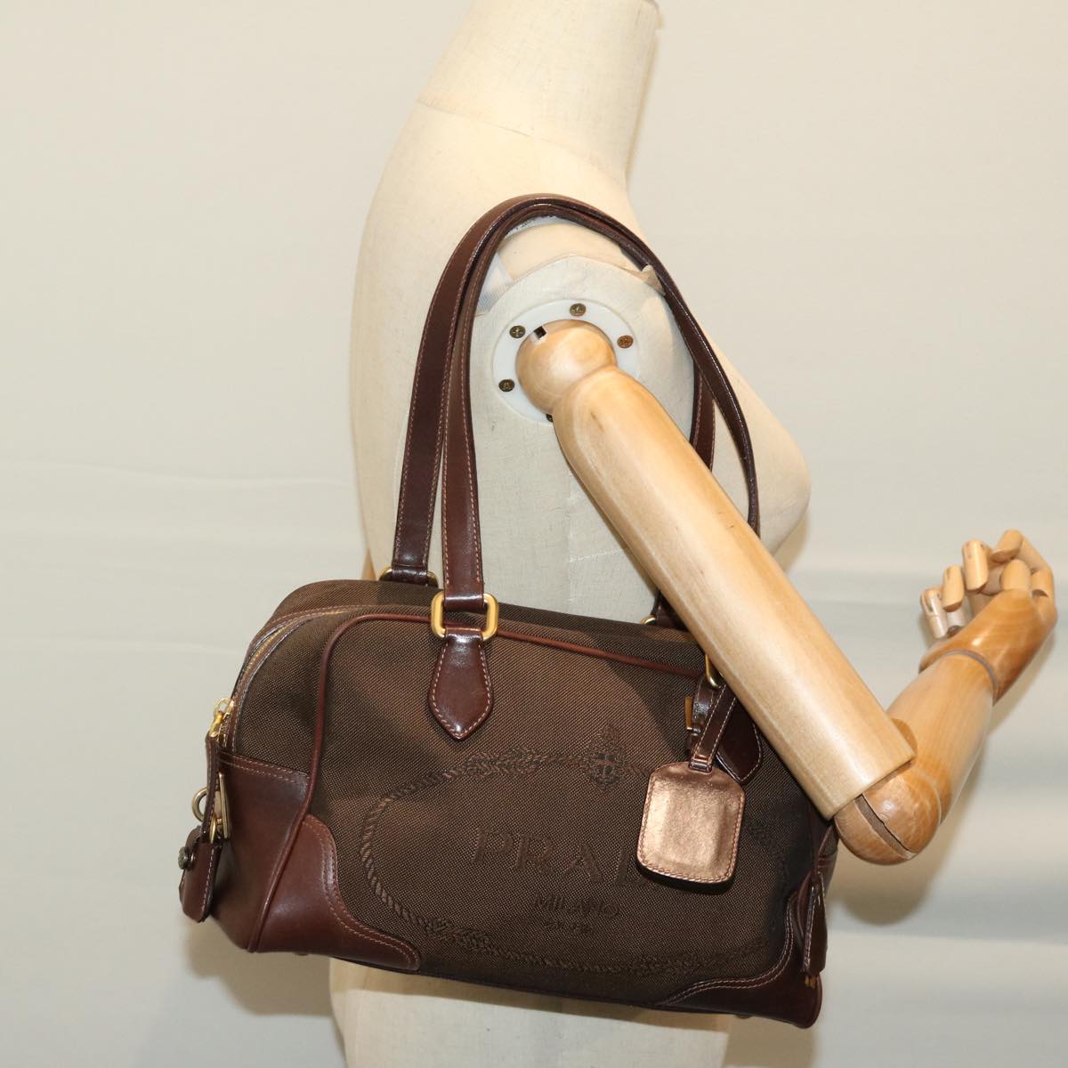 PRADA Mini Boston Bag Boston Bag Canvas Leather Brown Auth hk1091