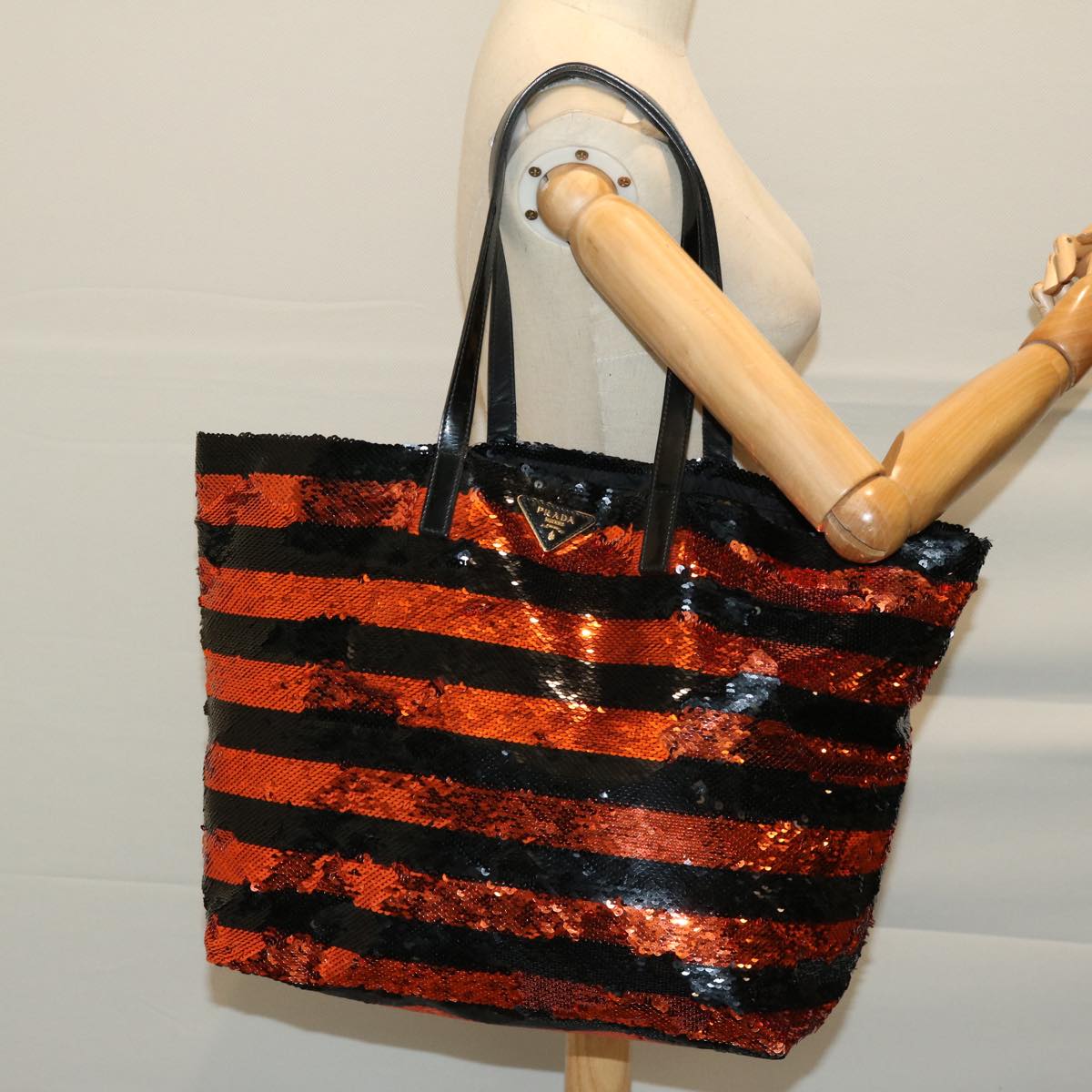 PRADA Sequin Tote Bag Nylon Orange Auth hk1096