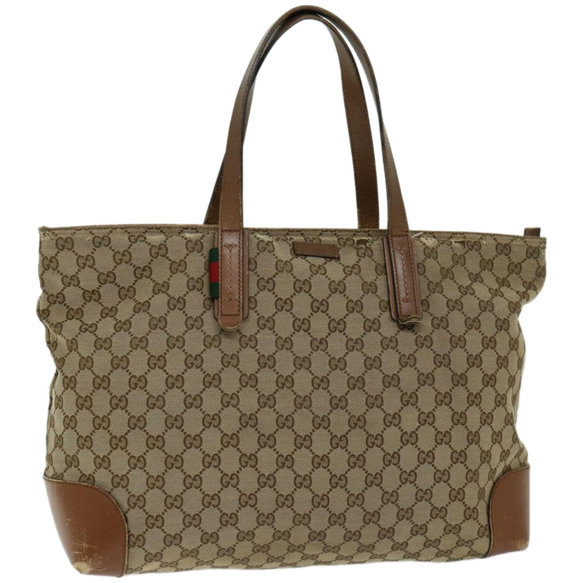 GUCCI GG Canvas Web Sherry Line Tote Bag Beige Red Green 308928 Auth hk1105