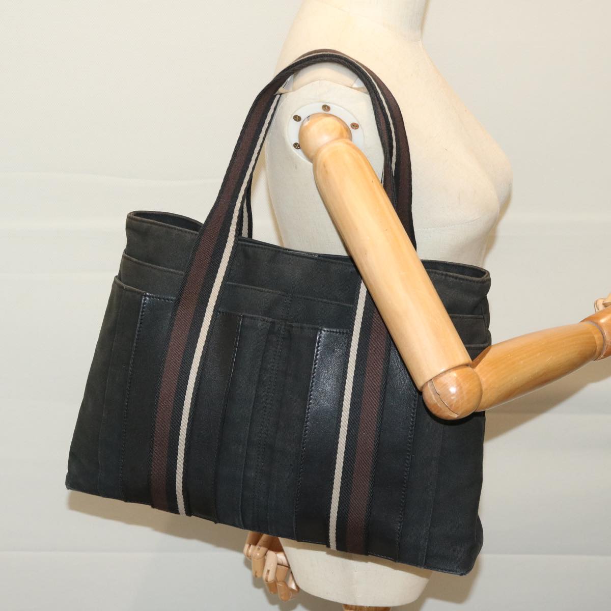 HERMES Toroca Horizontal MM Tote Bag Canvas Black Auth hk1118