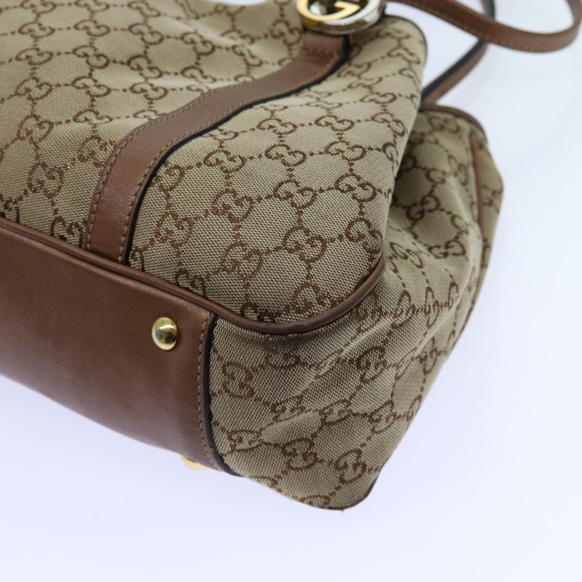 GUCCI GG Twins Canvas Tote Bag Beige Bronze Auth hk1236