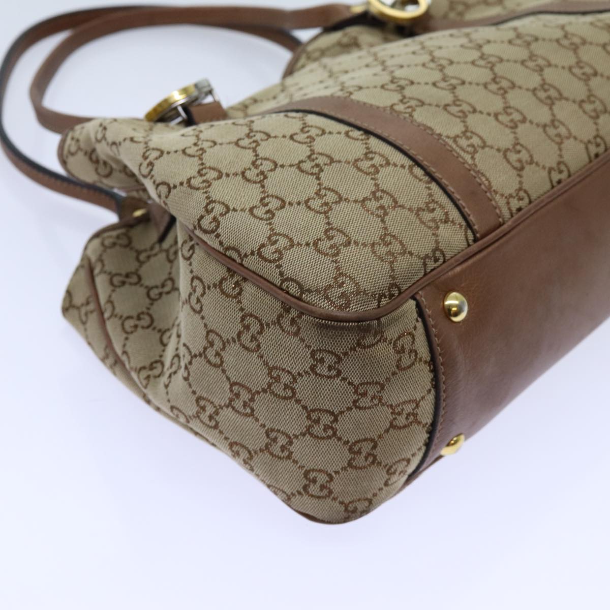 GUCCI GG Twins Canvas Tote Bag Beige Bronze Auth hk1236