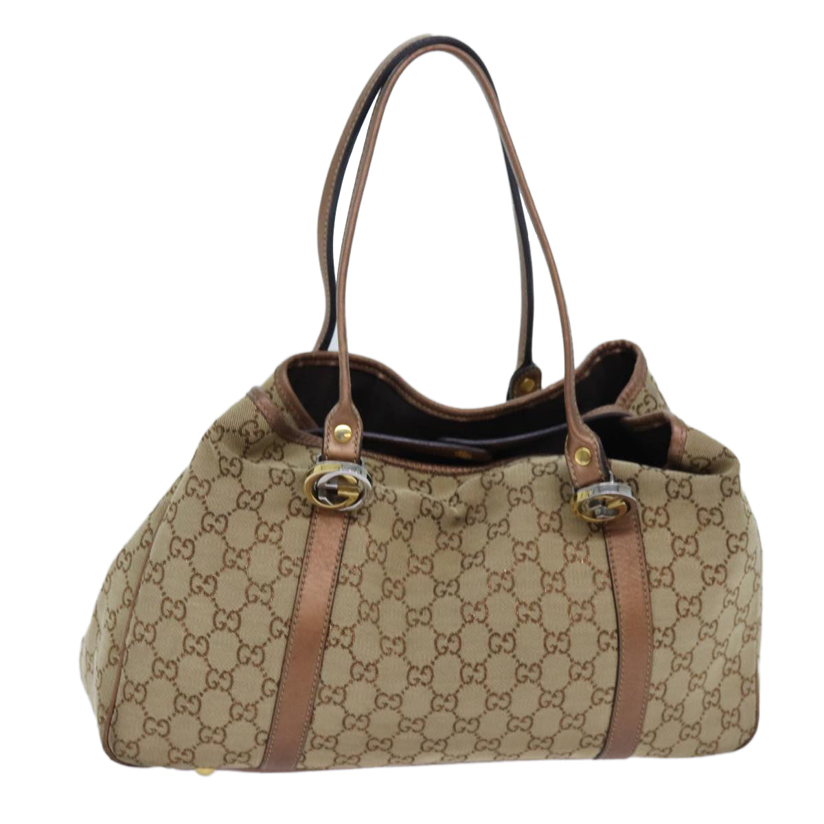 GUCCI GG Twins Canvas Tote Bag Beige Bronze Auth hk1236