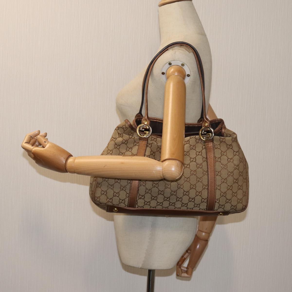 GUCCI GG Twins Canvas Tote Bag Beige Bronze Auth hk1236