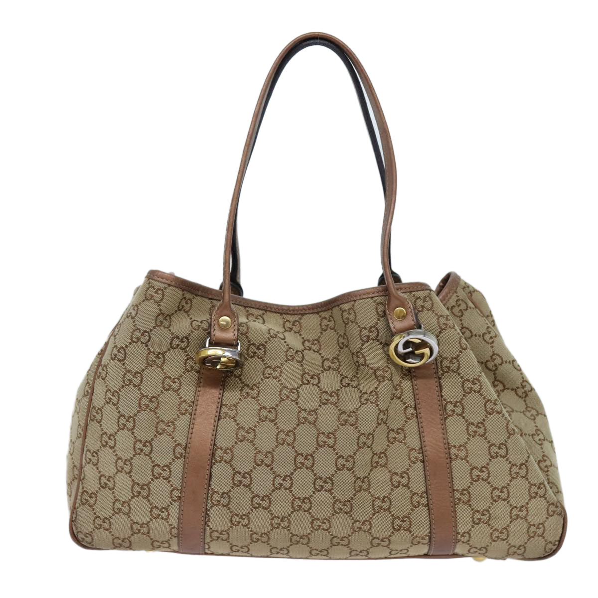 GUCCI GG Twins Canvas Tote Bag Beige Bronze Auth hk1236