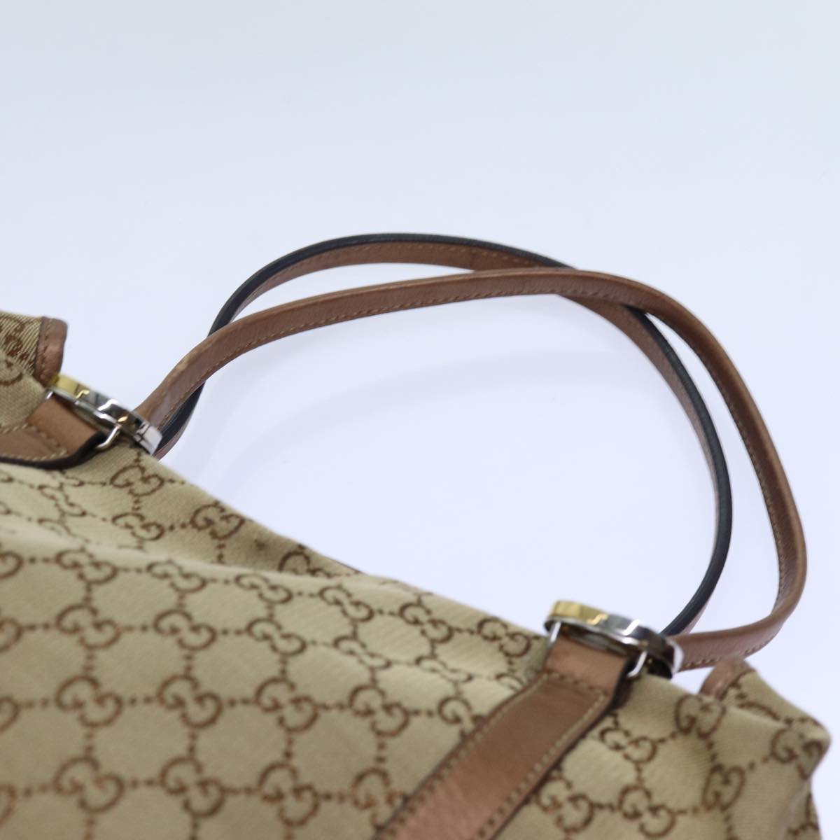 GUCCI GG Twins Canvas Tote Bag Beige Bronze Auth hk1236