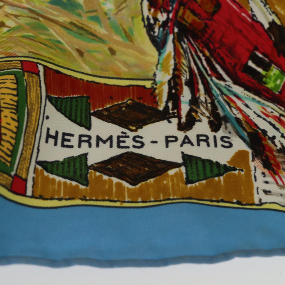 HERMES Carre 90 Scarf ""Les Cheyennes"" Silk Blue Auth hk1279