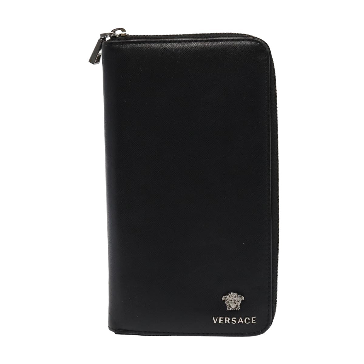 VERSACE Long Wallet Leather Black Auth hk1381