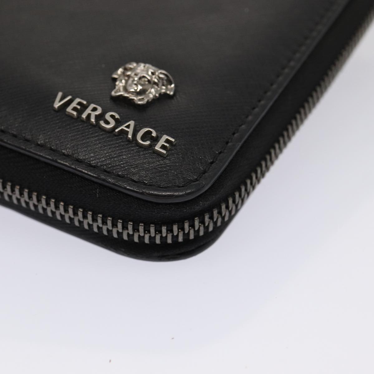 VERSACE Long Wallet Leather Black Auth hk1381