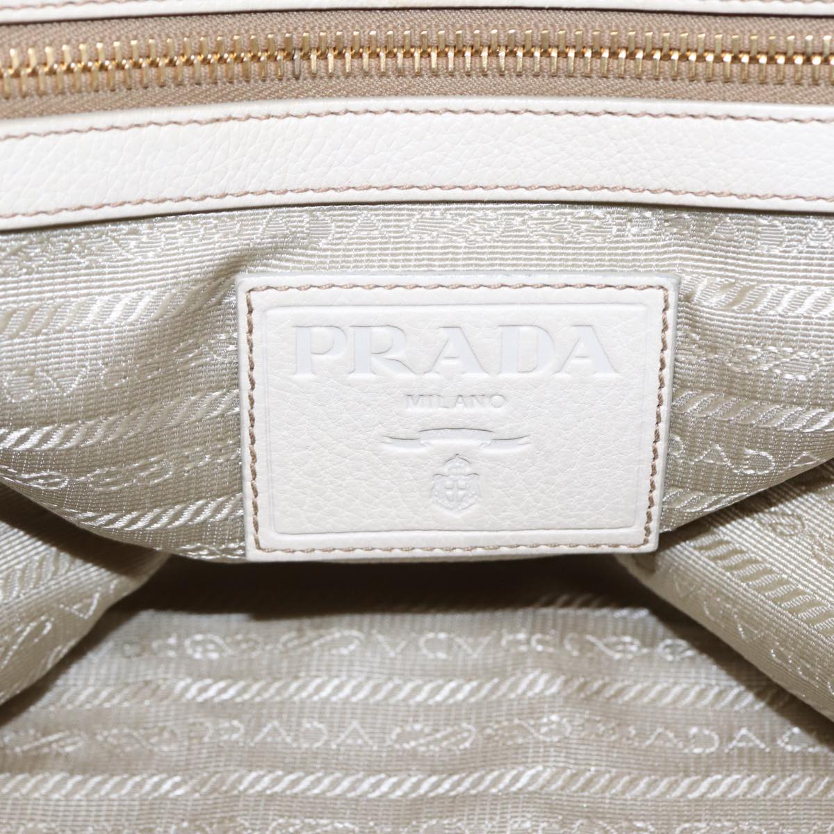 PRADA Hand Bag Leather White Brown gold Auth hk1562