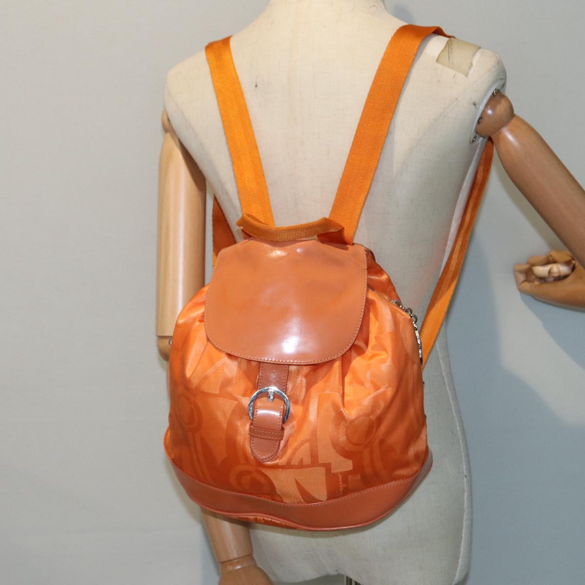 Salvatore Ferragamo Gancini Backpack Nylon Orange Silver Auth hk1583