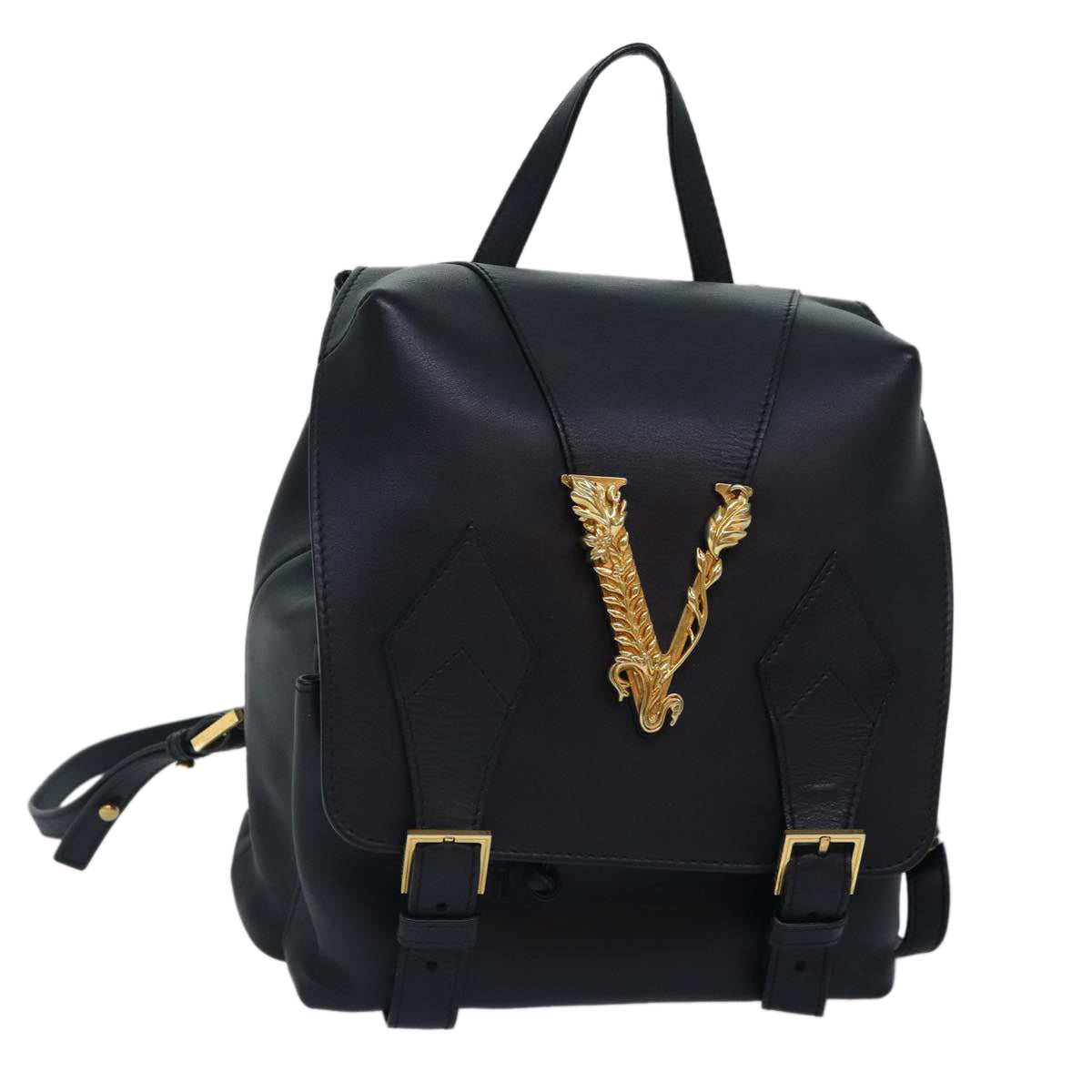 VERSACE Shoulder Bag Leather Black Gold Auth hk1627