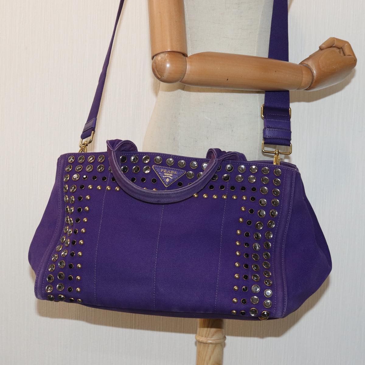 PRADA Hand Bag Canvas Purple Gold Auth hk1628