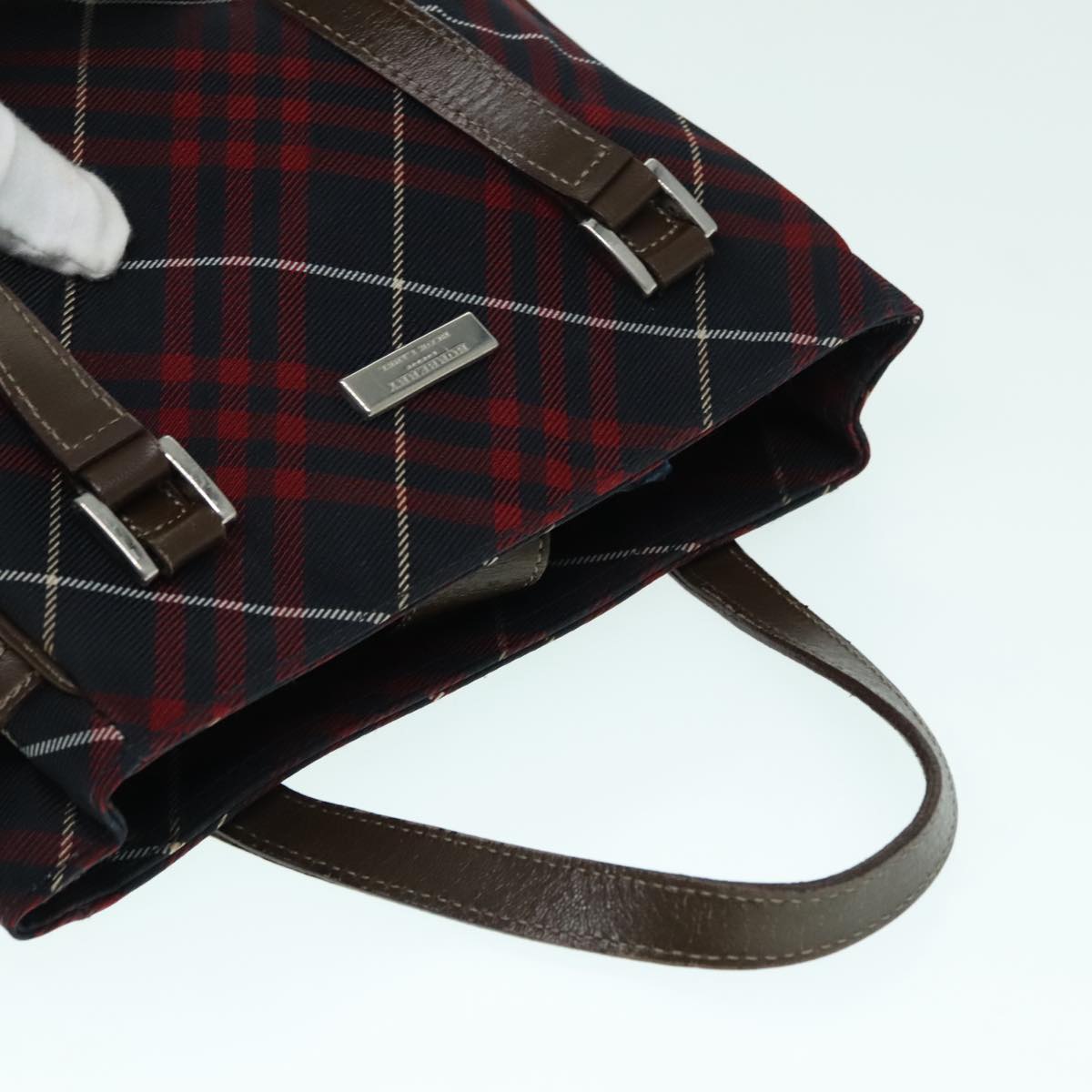 BURBERRY Nova Check Blue Label Hand Bag Canvas Red Auth hk1651