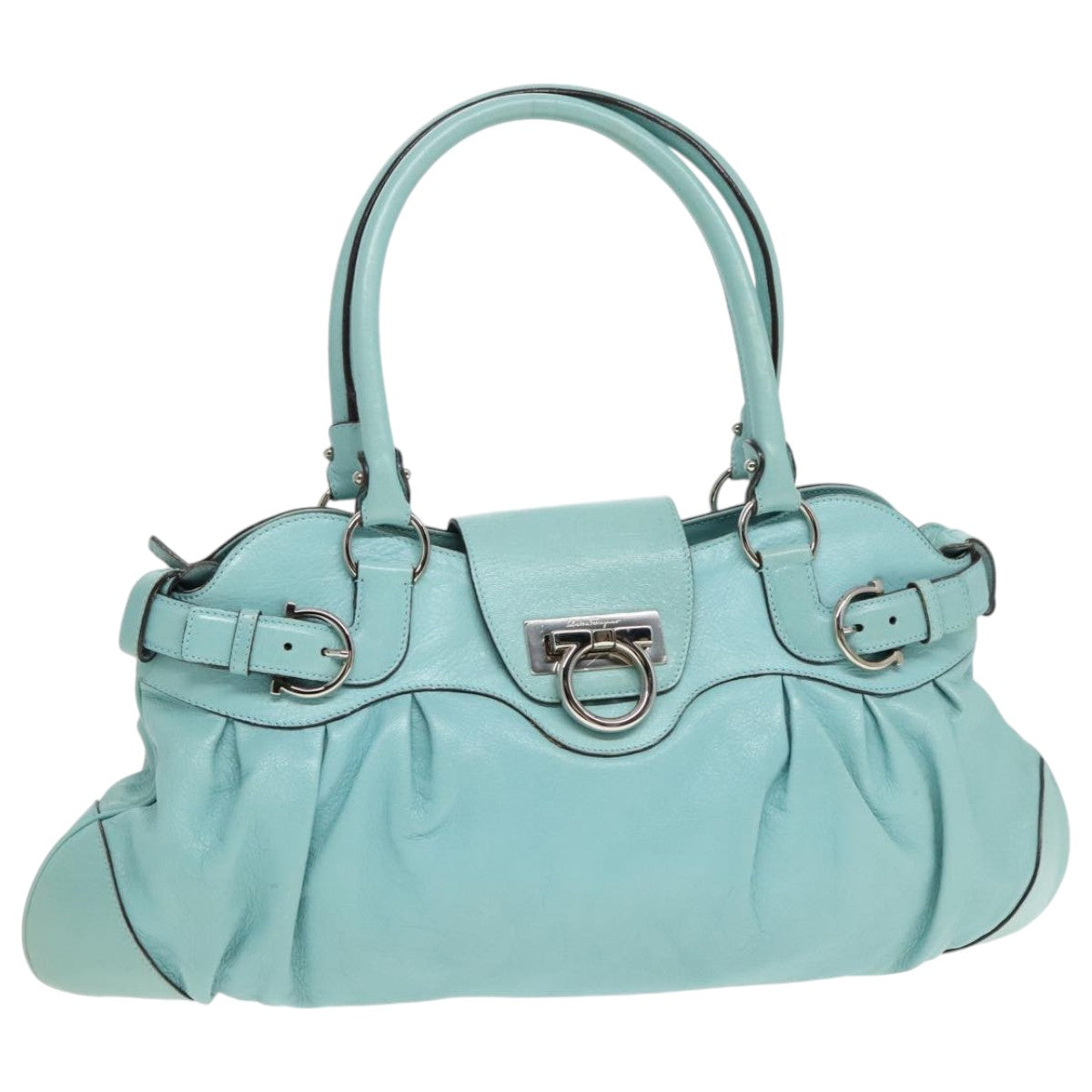 Salvatore Ferragamo Gancini Hand Bag Leather Turquoise Blue Silver Auth hk1652