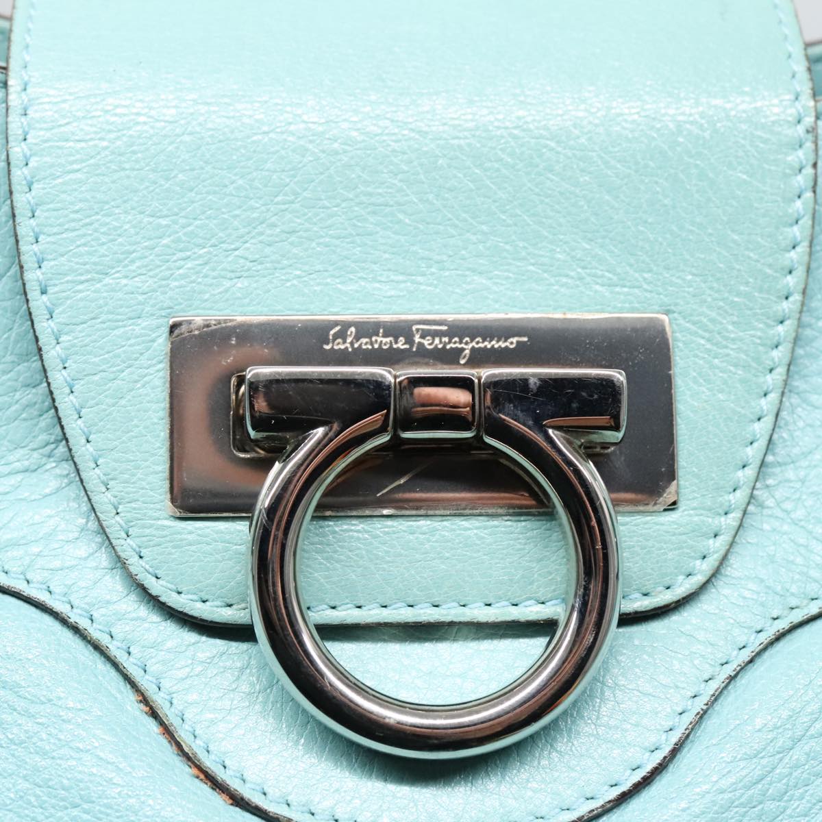 Salvatore Ferragamo Gancini Hand Bag Leather Turquoise Blue Silver Auth hk1652