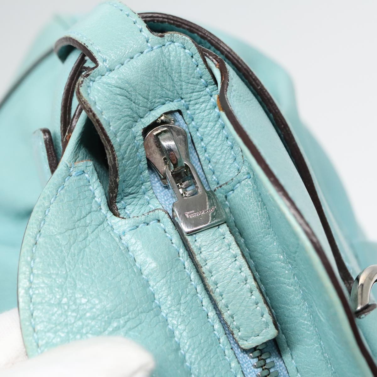 Salvatore Ferragamo Gancini Hand Bag Leather Turquoise Blue Silver Auth hk1652