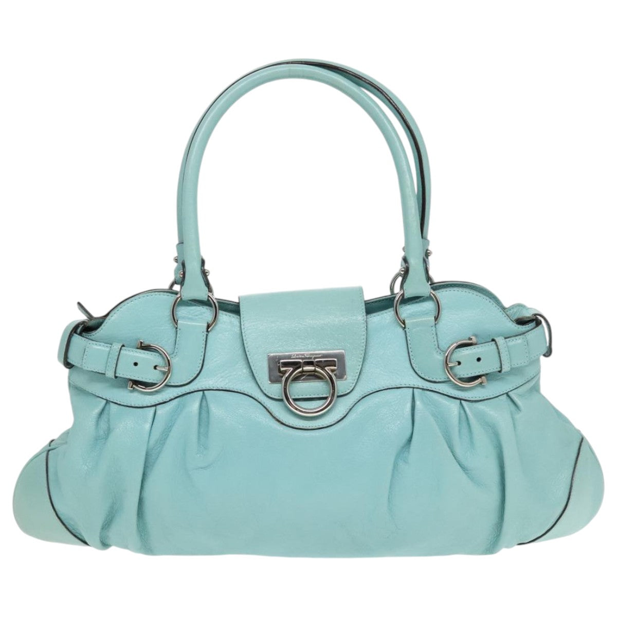 Salvatore Ferragamo Gancini Hand Bag Leather Turquoise Blue Silver Auth hk1652