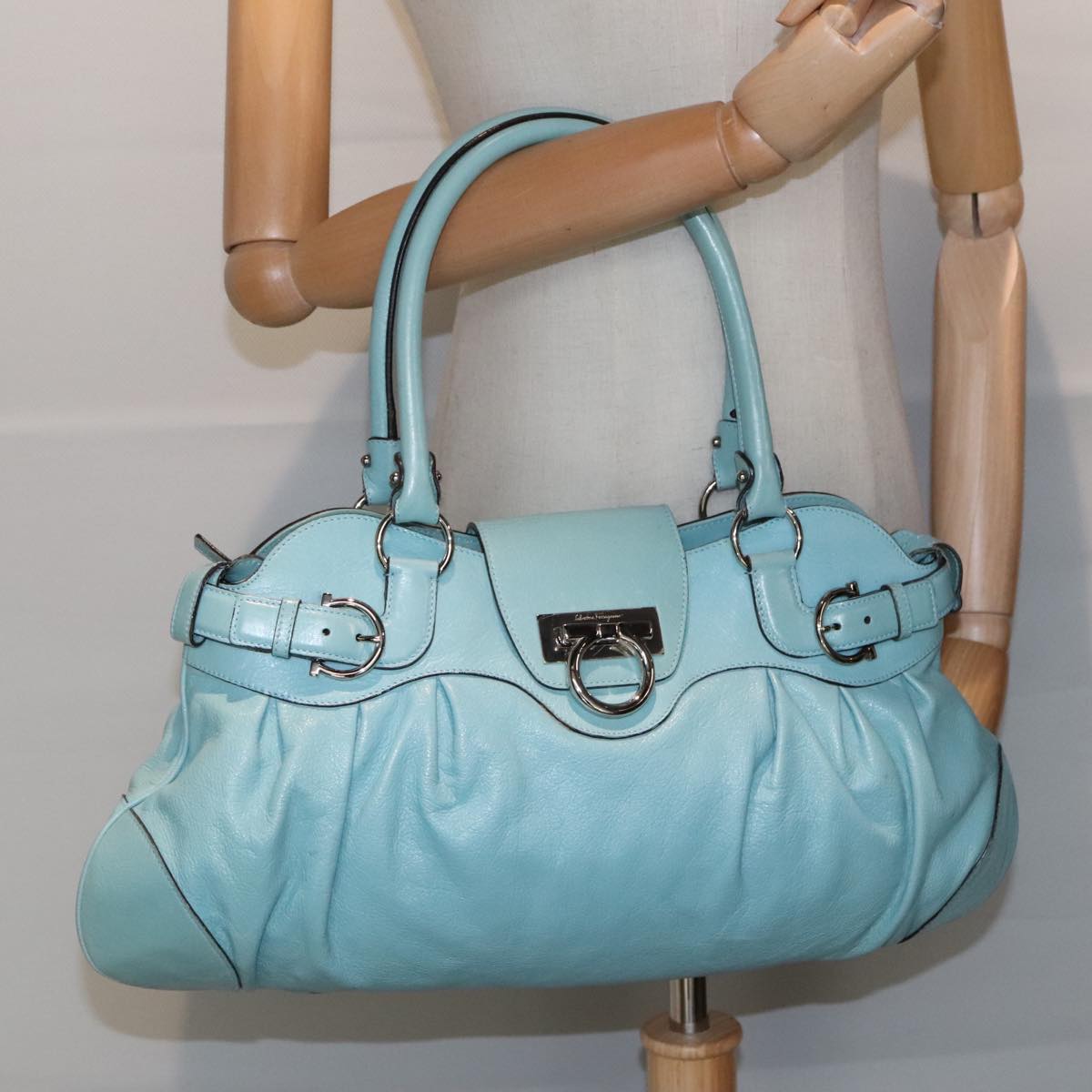 Salvatore Ferragamo Gancini Hand Bag Leather Turquoise Blue Silver Auth hk1652