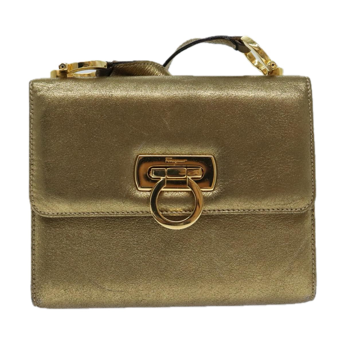 Salvatore Ferragamo Gancini Shoulder Bag Leather Gold Auth hk1653
