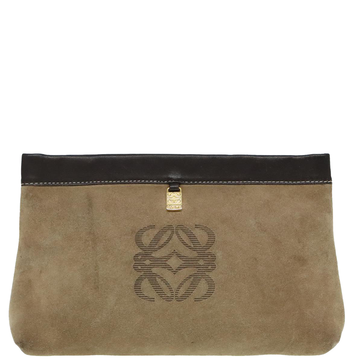 LOEWE anagram Clutch Bag Leather Beige Auth hk1656