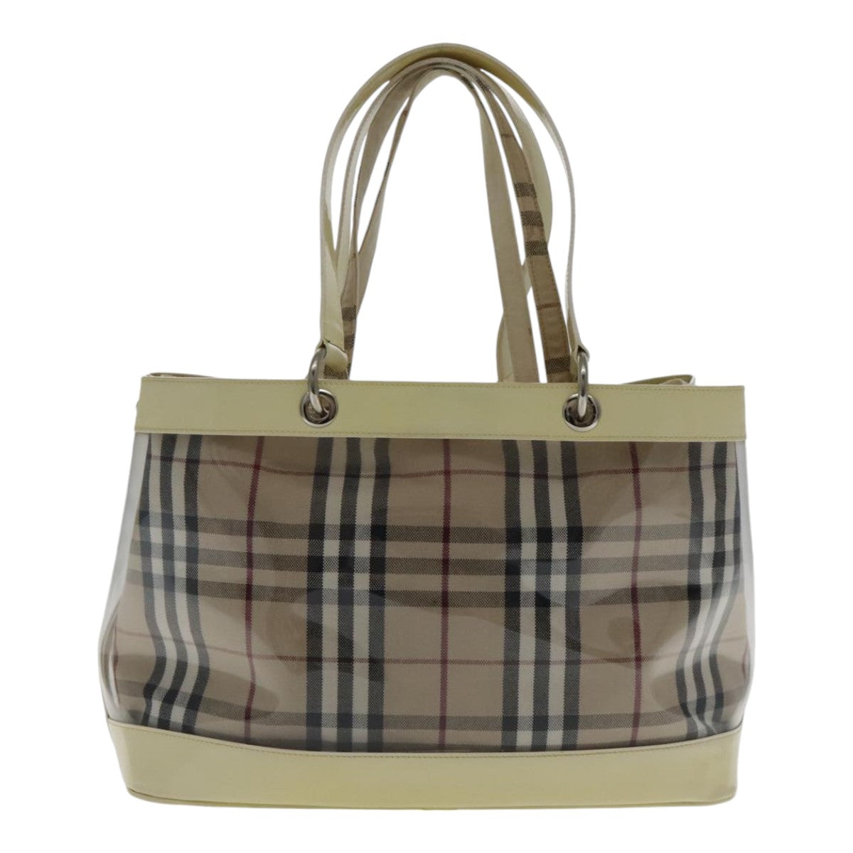 BURBERRY Nova Check Bag Vinyl Canvas Leather Clear Beige Silver Auth hk1701