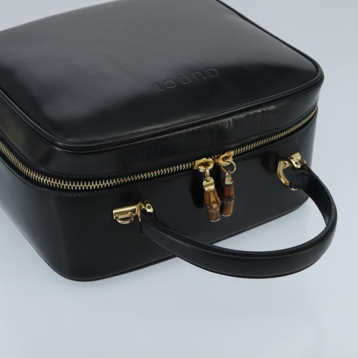 GUCCI Bamboo Vanity Pot Pouch Enamel 2way Black Gold 000 270 0323 Auth hk1713