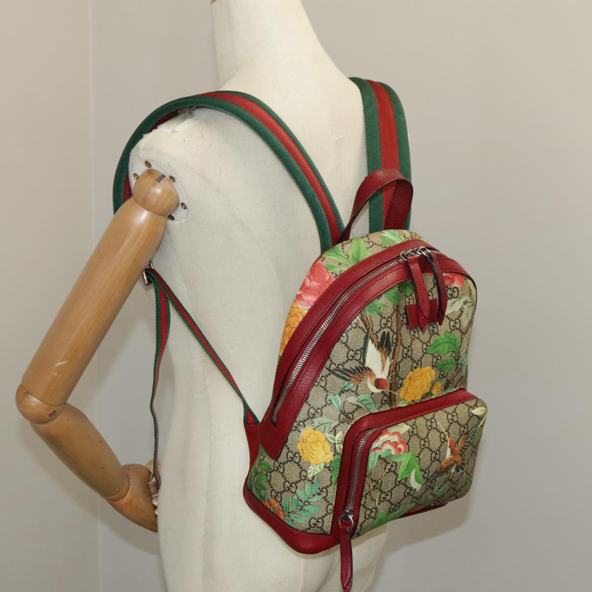 GUCCI GG Supreme Web Sherry Line Tian Backpack PVC Leather Beige Red Auth hk1717