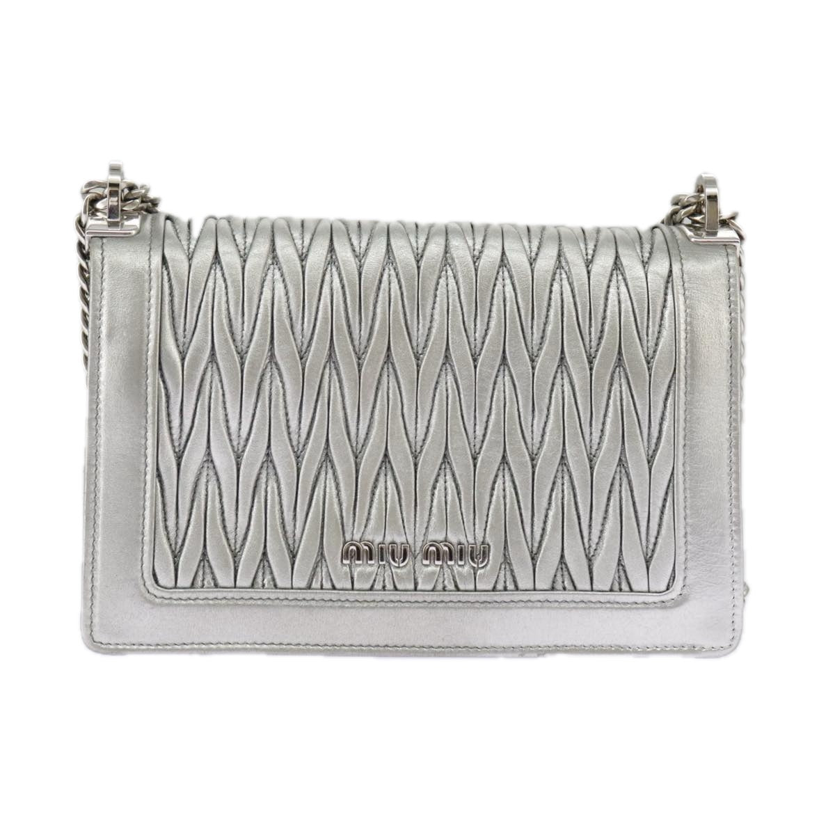 Miu Miu Matelasse Chain Shoulder Bag Leather Silver Auth hk1730