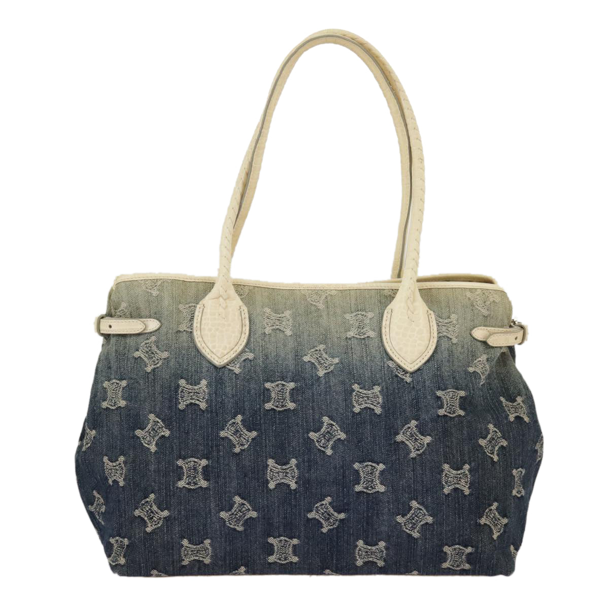 CELINE Paris Macadam Canvas Tote Bag Denim Blue Beige Silver Auth hk1772