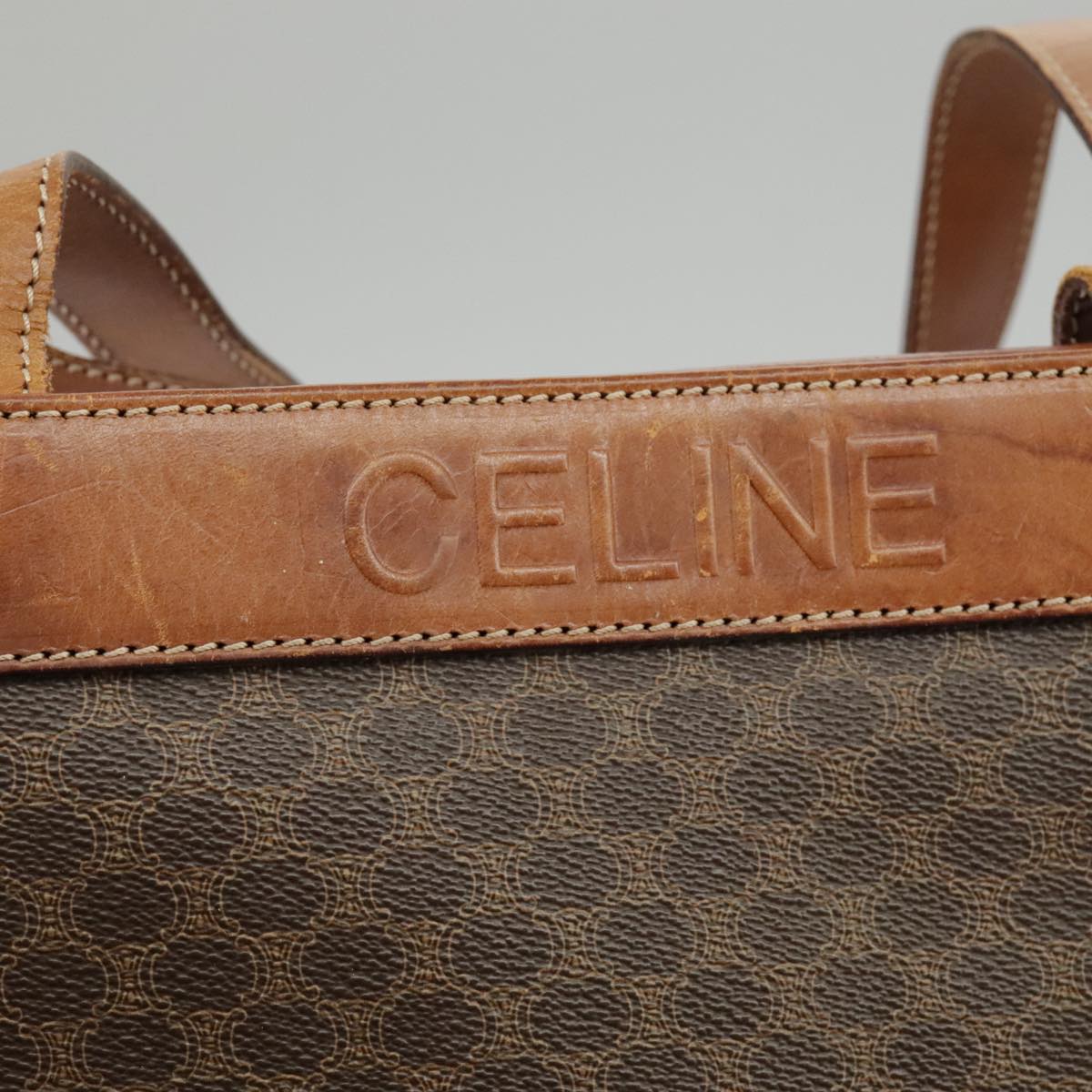 CELINE Macadam Canvas Tote Bag PVC Leather Brown Gold Auth hk1775