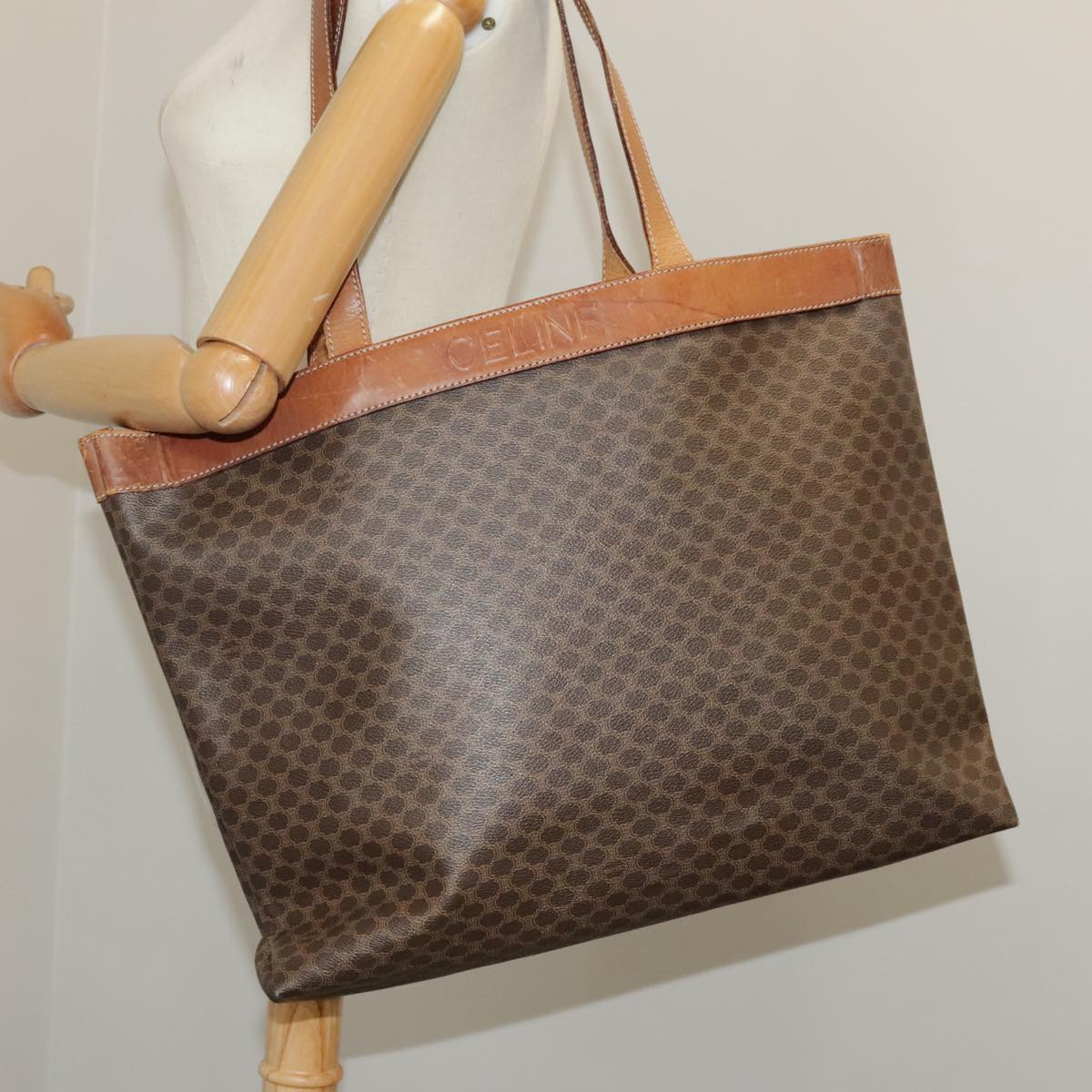 CELINE Macadam Canvas Tote Bag PVC Leather Brown Gold Auth hk1775