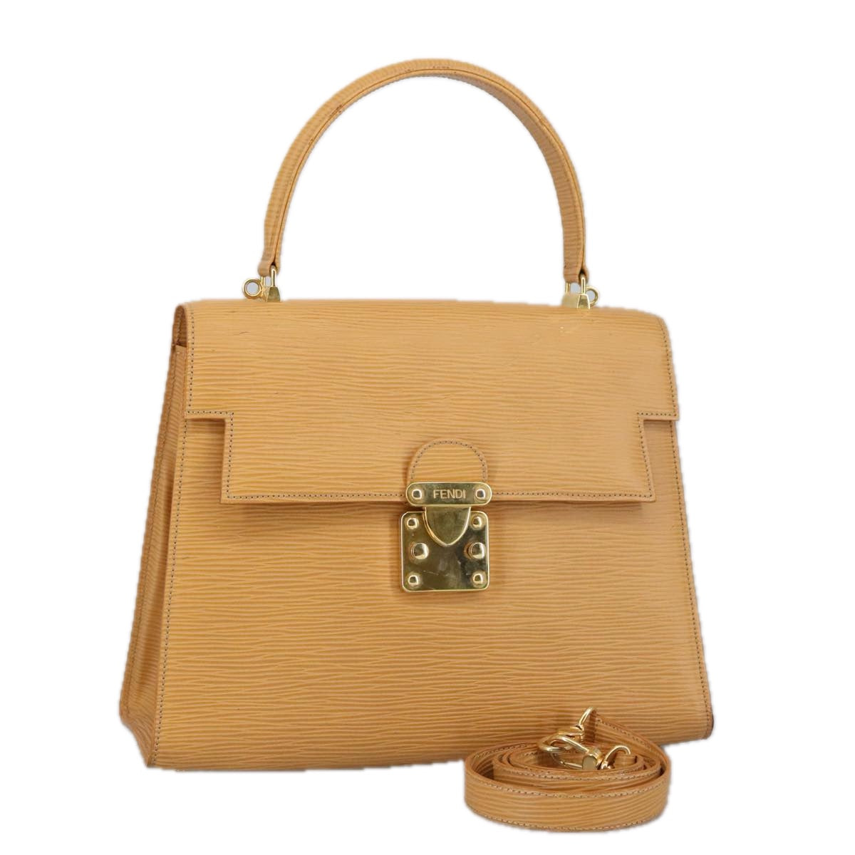 FENDI Hand Bag Leather 2way Beige Gold Auth hk1781