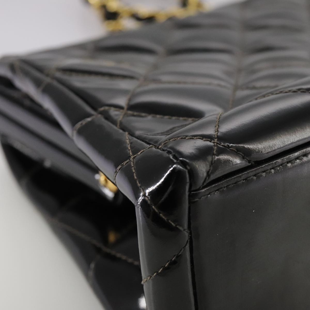 CHANEL Matelasse Chain Hand Bag Patent leather Black Gold CC Auth hk1896