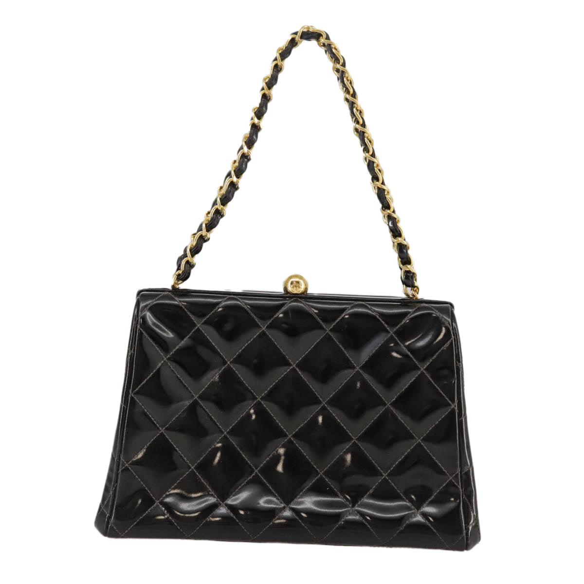 CHANEL Matelasse Chain Hand Bag Patent leather Black Gold CC Auth hk1896
